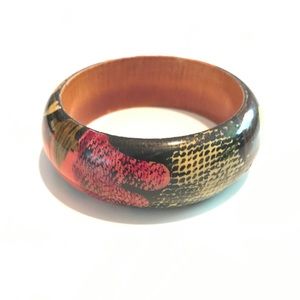VTG Wood Painted Chunky Bangle Bracelet Abstract